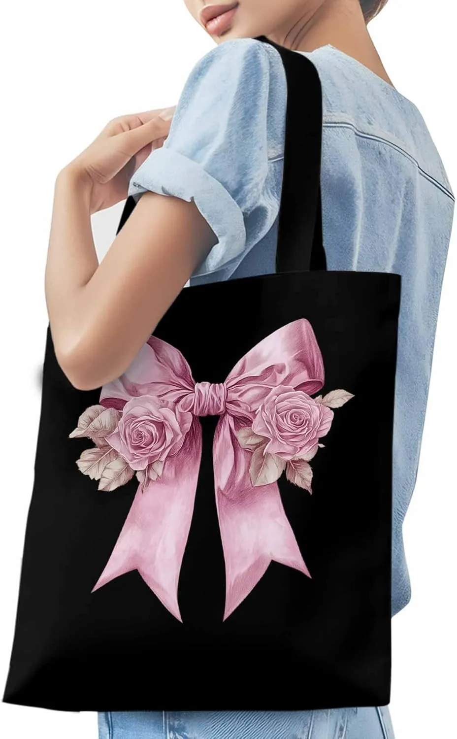 Canvas Tote Bag, Pink Valentine's Day Rose Floral Aesthetic Canvas Tote Handbags for Women Shoulder Bag