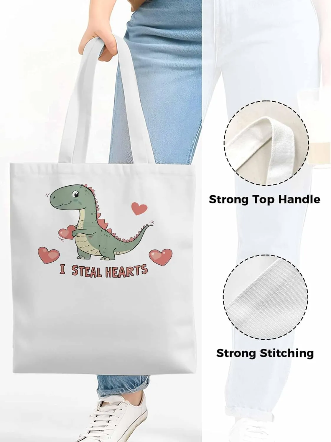 Canvas Tote Bag, Watercolor Dinosaur Loves patterned Canvas Tote Handbags for Women Shoulder Bag,