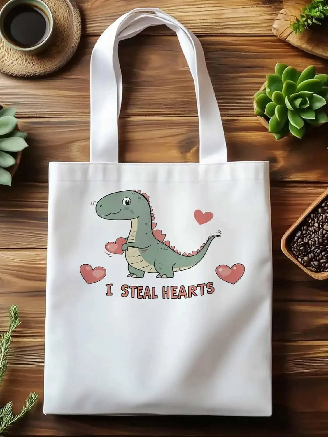 Canvas Tote Bag, Watercolor Dinosaur Loves patterned Canvas Tote Handbags for Women Shoulder Bag,