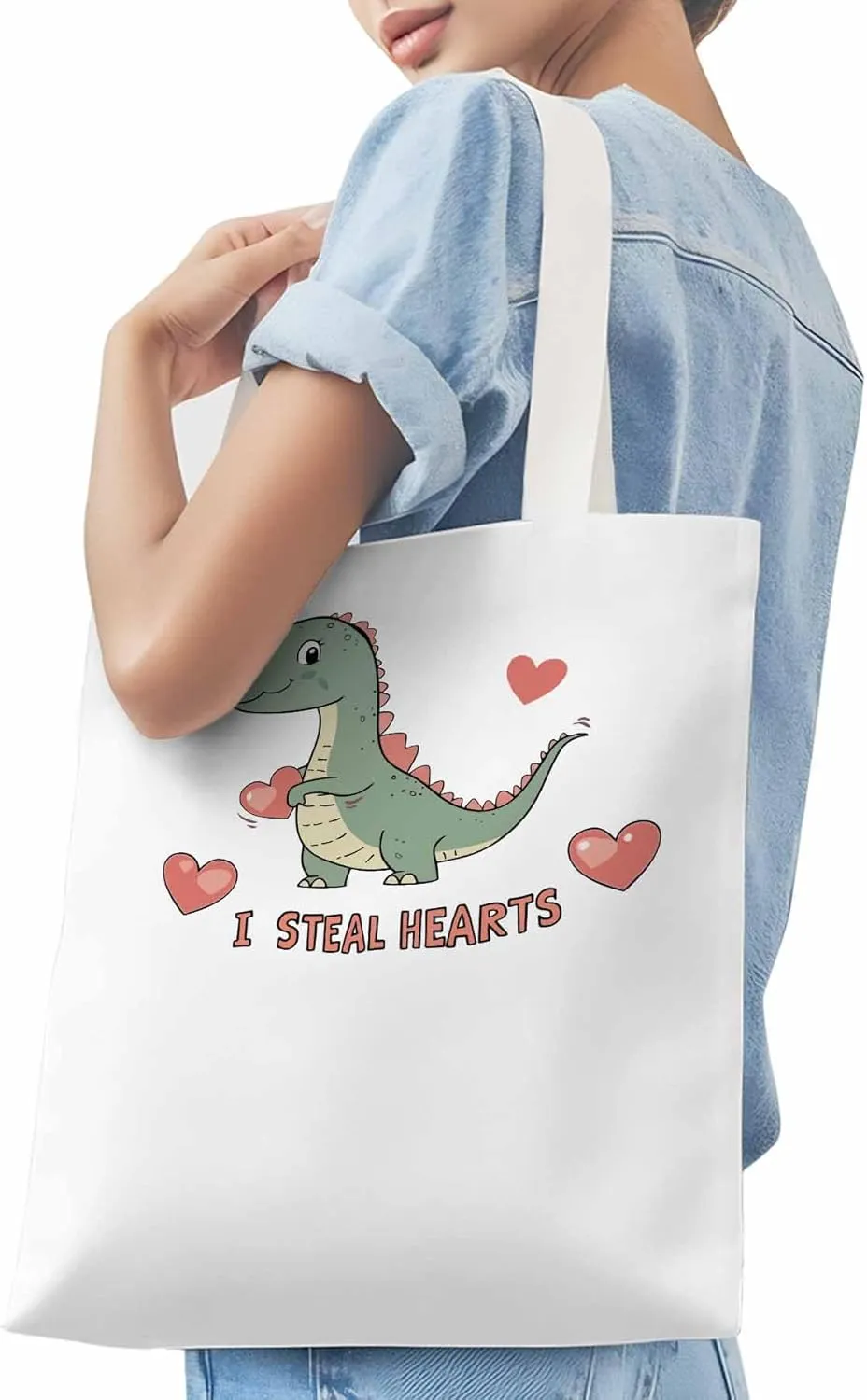 Canvas Tote Bag, Watercolor Dinosaur Loves patterned Canvas Tote Handbags for Women Shoulder Bag,