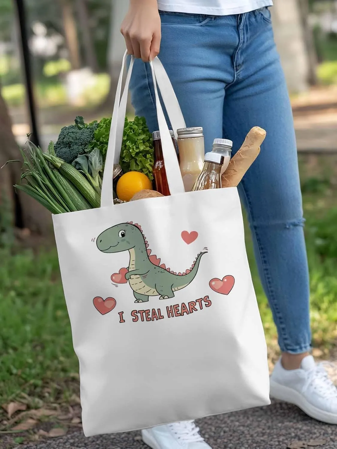 Canvas Tote Bag, Watercolor Dinosaur Loves patterned Canvas Tote Handbags for Women Shoulder Bag,