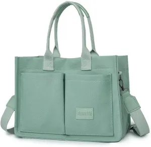 Canvas Tote Bag with Front Pockets, Canvas single-shoulder bag new model large-capacity style retro crossbody bag Student