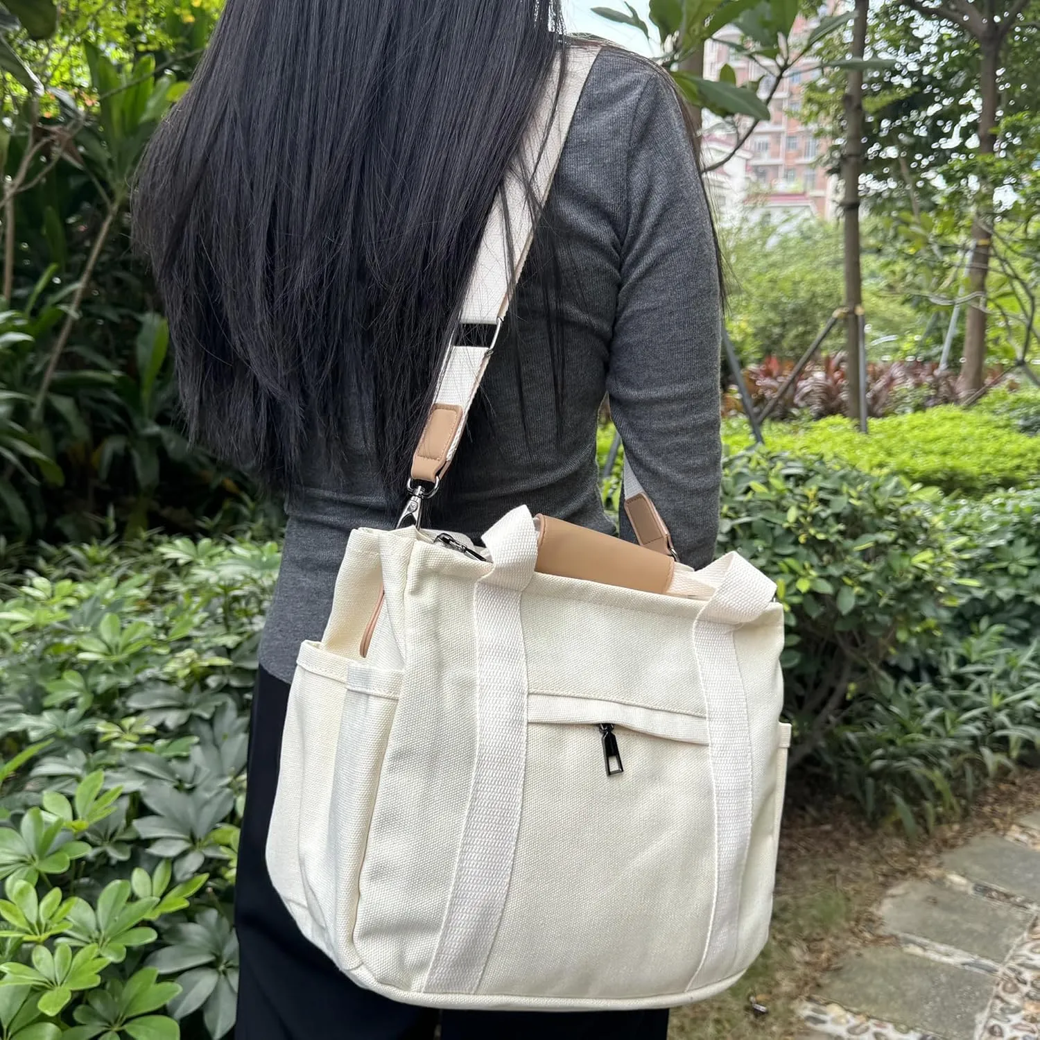 Canvas Tote Bag with Multiple Pockets for Women, Cute Crossbody Shoulder Bag Casual Hobo Messenger Purse Handbag