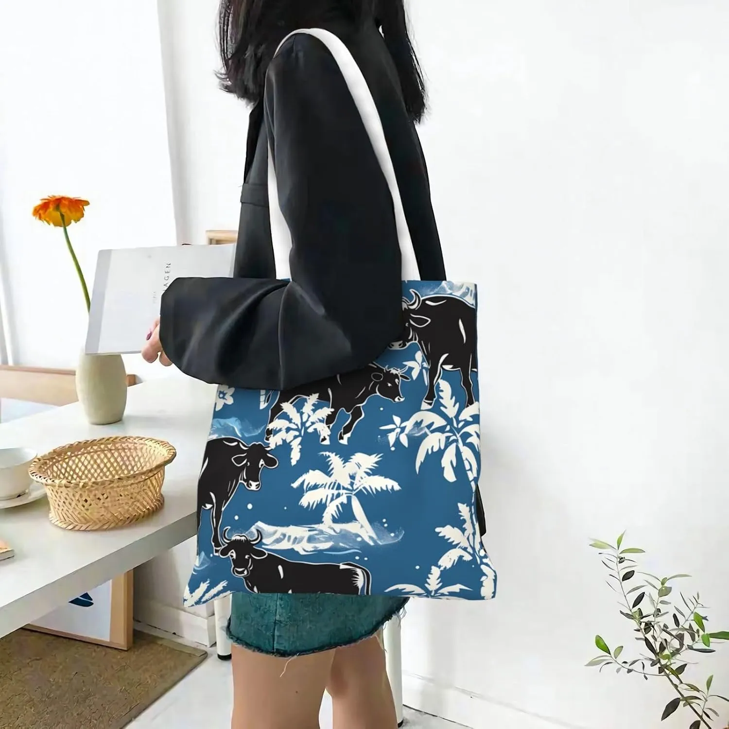 Canvas Tote Bag Women Casual Shoulder Bag Reusable Multipurpose Grocery Bag