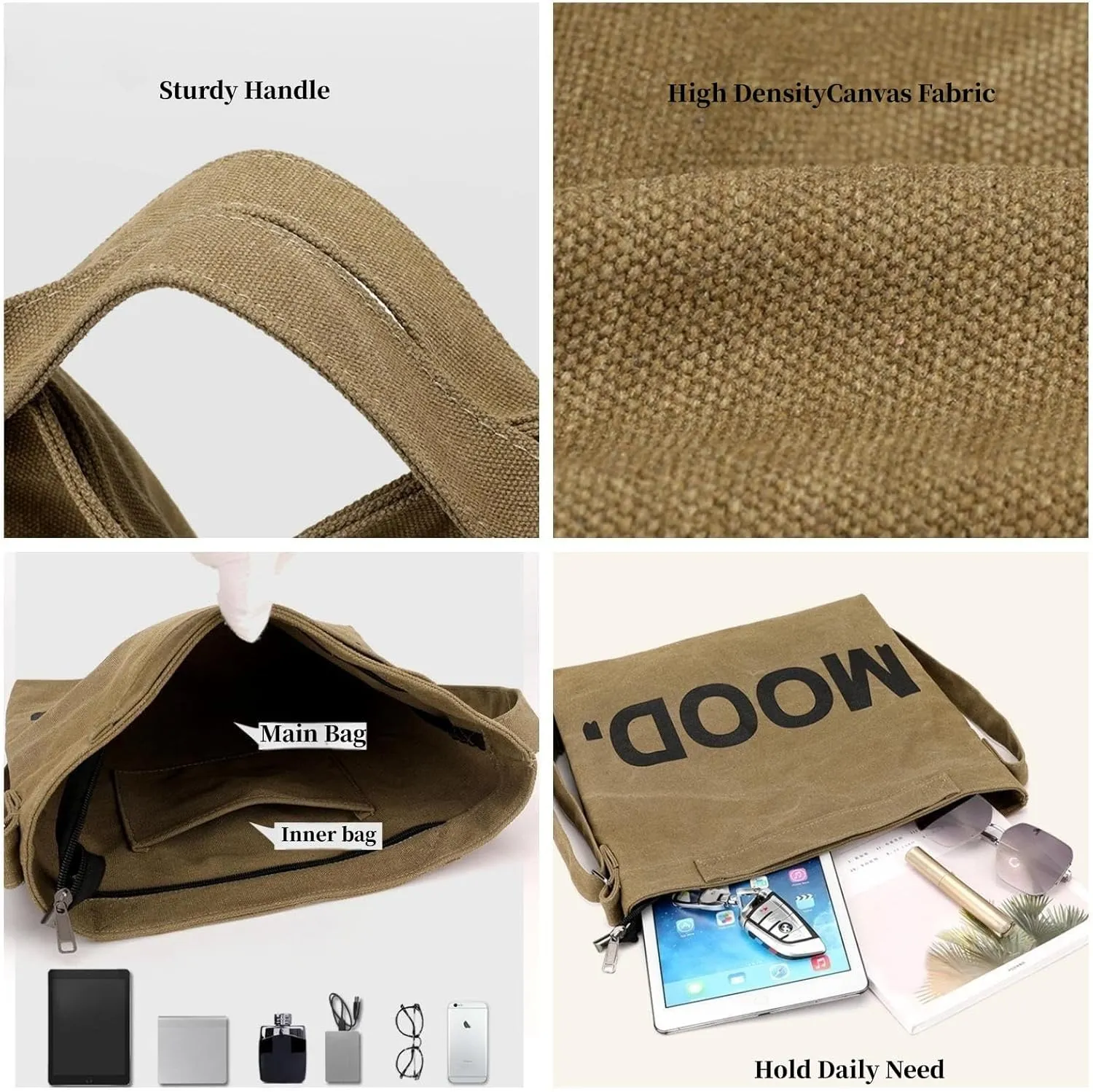 Canvas Tote Bag,Crossbody Shoulder Tote Bag for Women and Men Zipper Messenger Bag Travel Shoulder Bags Handbags