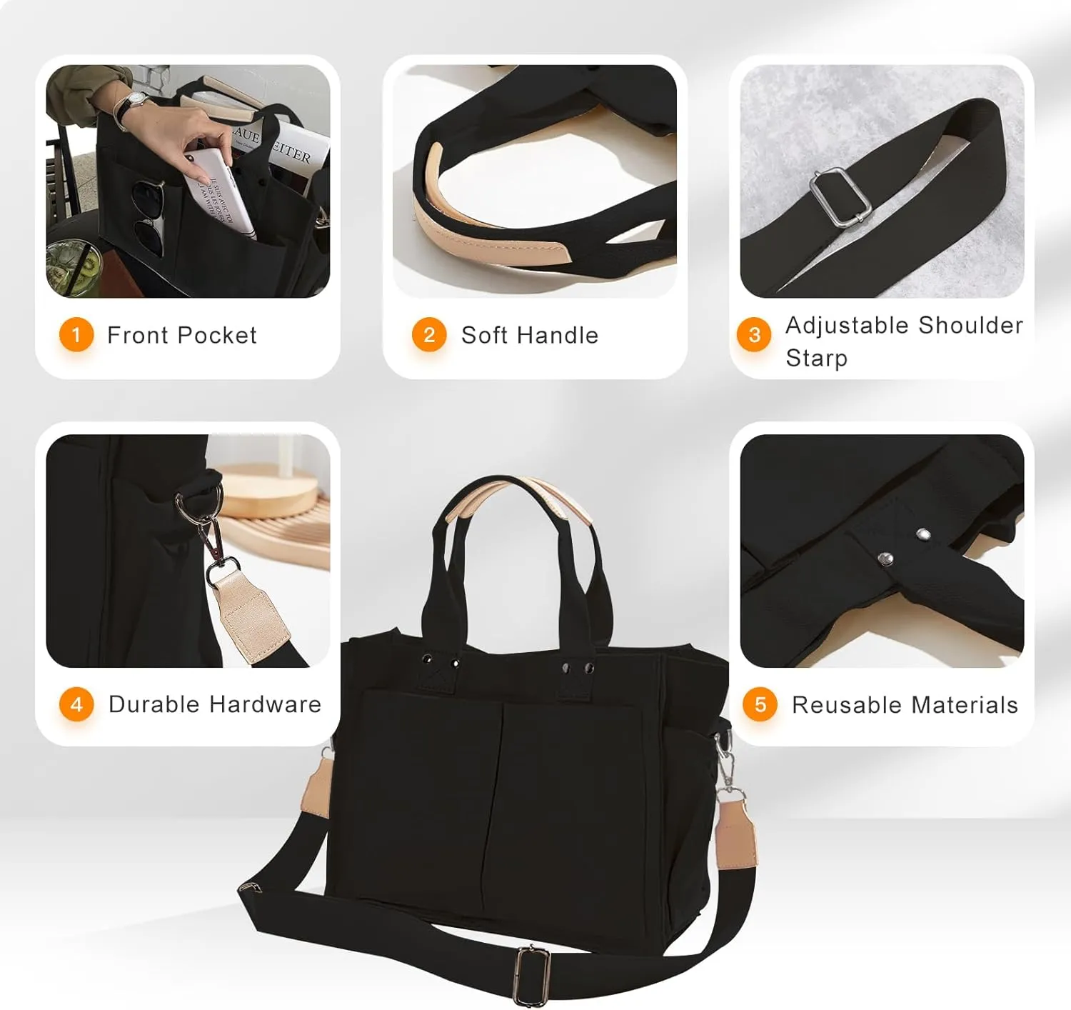 Canvas Tote Bags for Women Large Capacity Messenger Bag Durable Shoulder Bag Multi Pocket Casual Work Bags (White)