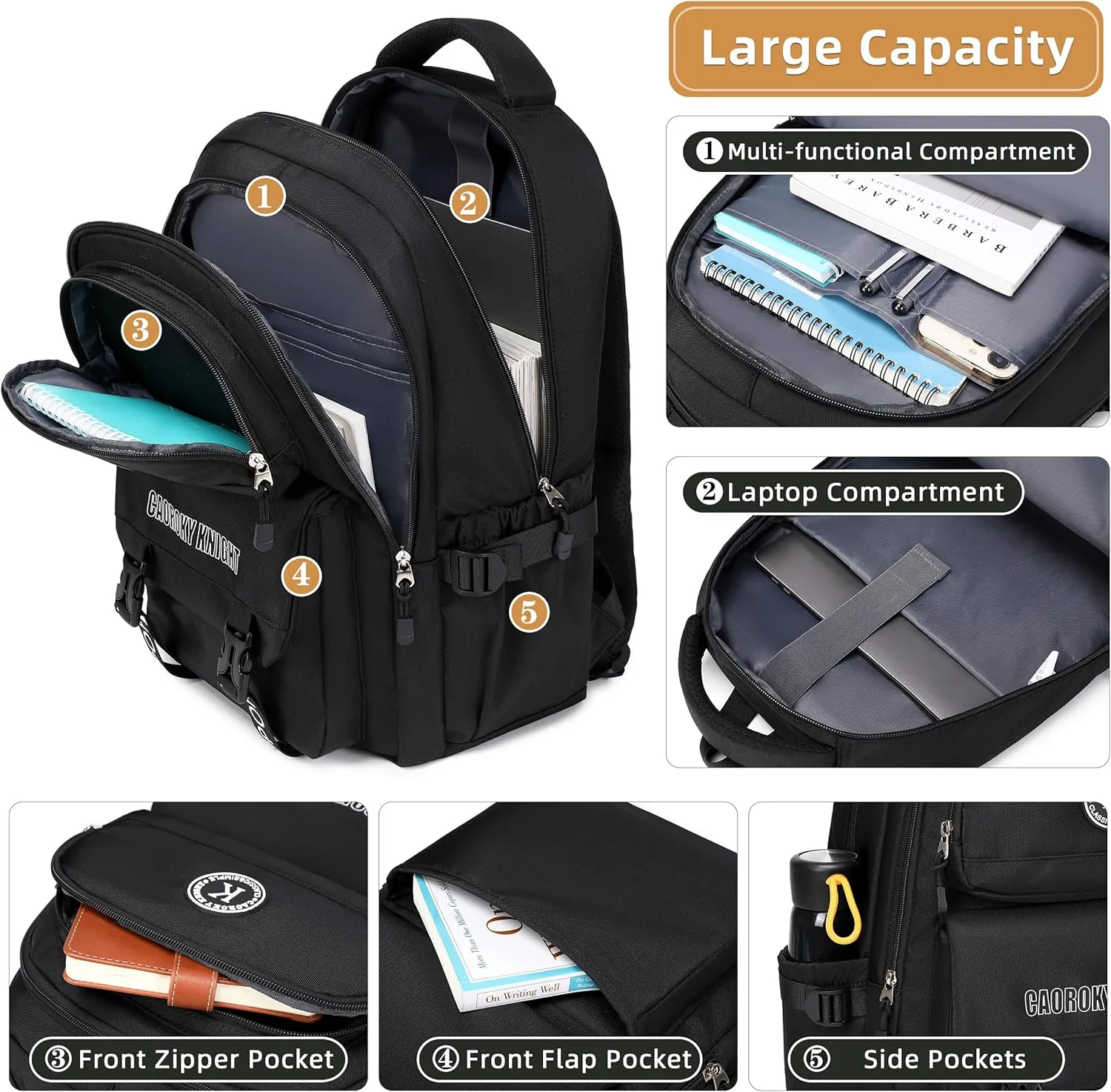 Caoroky knight laptop backpack 15.6 inch for women men large college bookbag school bag for kids teens girls boys students elementary back pack anti theft travel daypack work business rucksack-Black