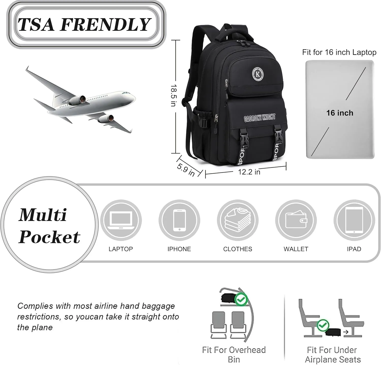 Caoroky knight laptop backpack 15.6 inch for women men large college bookbag school bag for kids teens girls boys students elementary back pack anti theft travel daypack work business rucksack-Black