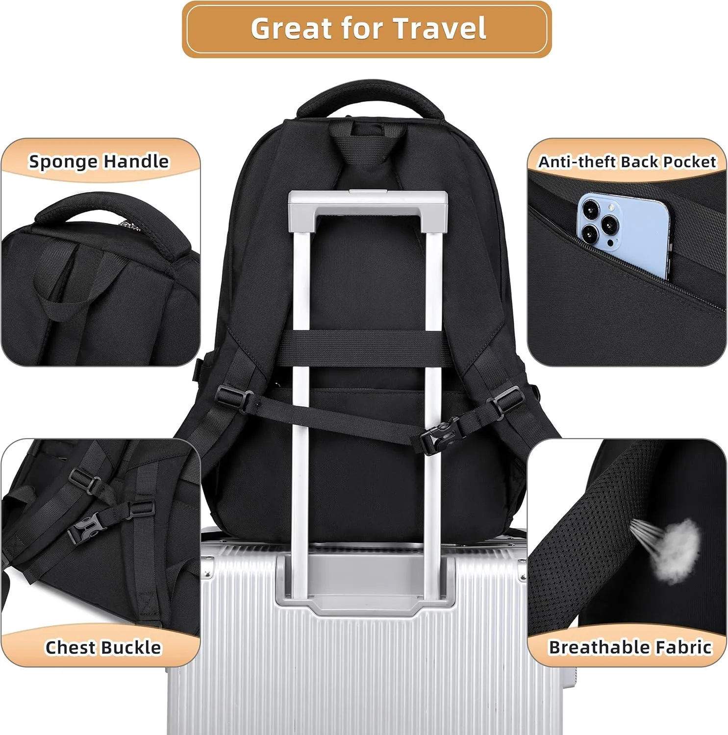 Caoroky knight laptop backpack 15.6 inch for women men large college bookbag school bag for kids teens girls boys students elementary back pack anti theft travel daypack work business rucksack-Black