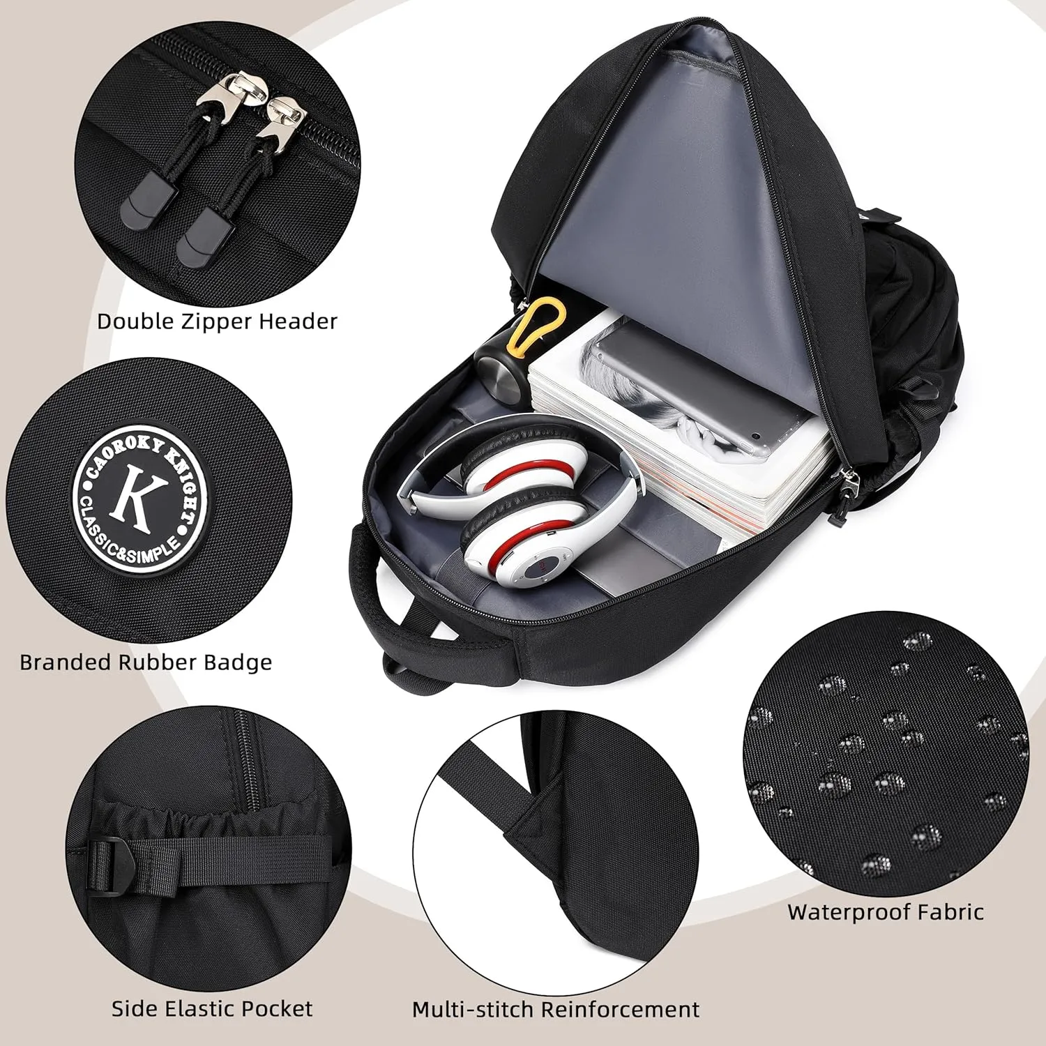 Caoroky knight laptop backpack 15.6 inch for women men large college bookbag school bag for kids teens girls boys students elementary back pack anti theft travel daypack work business rucksack-Black