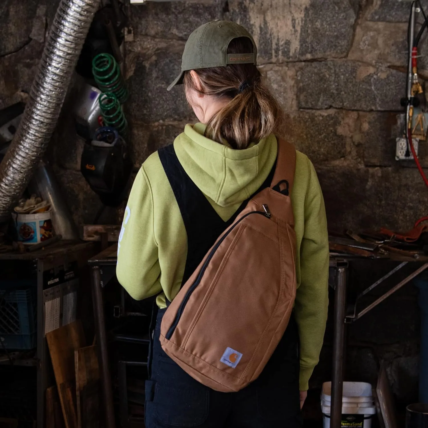 Carhartt Durable Sling Bag, Side Release Buckle, Tablet Sleeve and Adjustable Strap, Crossbody Backpack (Blind Duck Camo), One Size