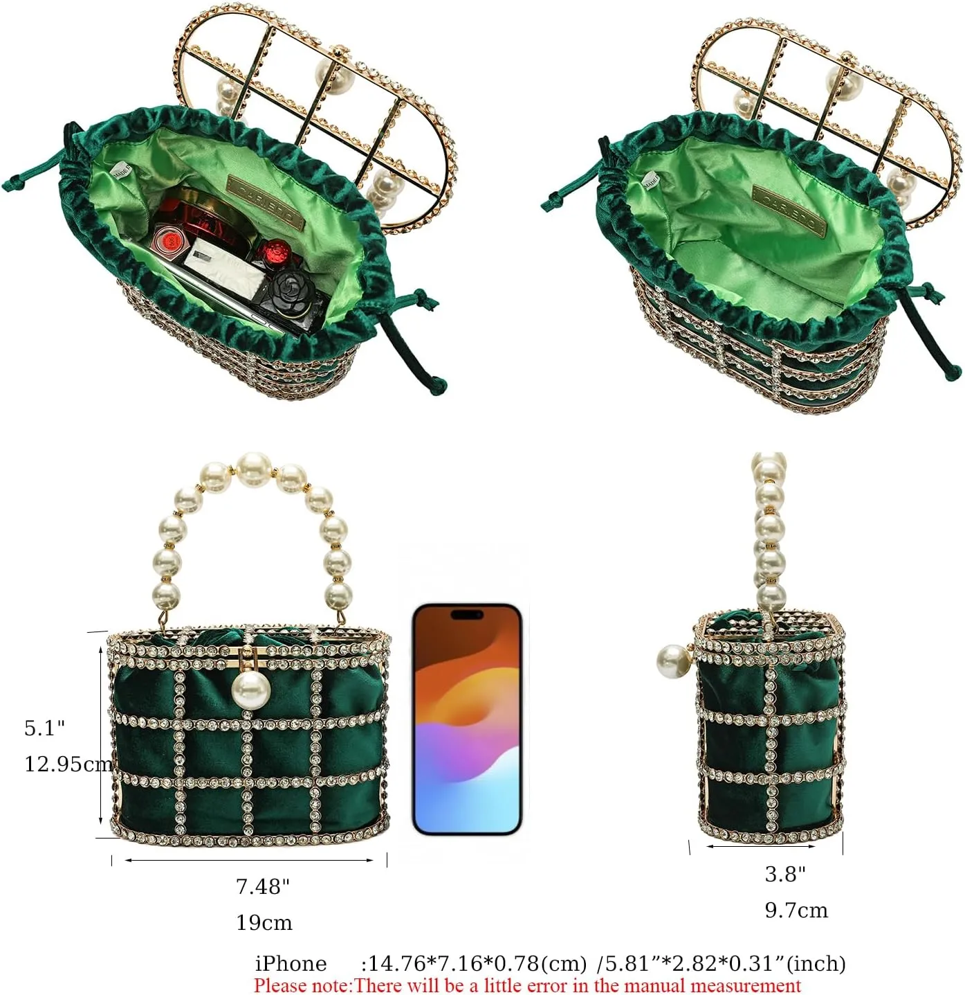 CARIEDO Evening Handbag Women Clutch Purses with Pearl Diamonds for Wedding Prom Birthday Party Dinner Accessories