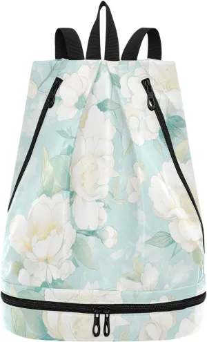 cartoon Bridal Mint Green2 Drawstring beach bag hiking string backpack with Wet Dry Compartments