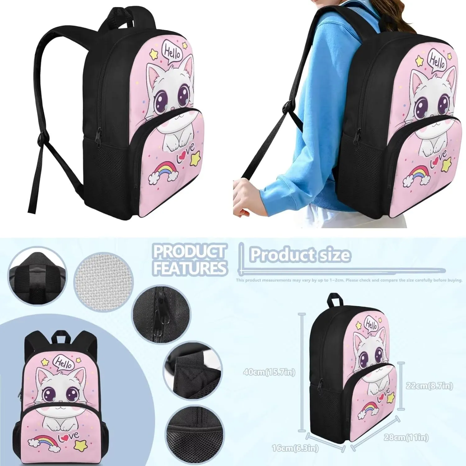 Cartoon Cat Backpack for Girls 8-10 Kids Backpack Boys with Lunchbox Boys Backpack with Pencil Case Elementary Wide Opening Design Bookbags Set Of 3 Fashion Rucksacks