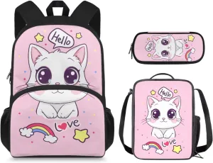 Cartoon Cat Backpack for Girls 8-10 Kids Backpack Boys with Lunchbox Boys Backpack with Pencil Case Elementary Wide Opening Design Bookbags Set Of 3 Fashion Rucksacks