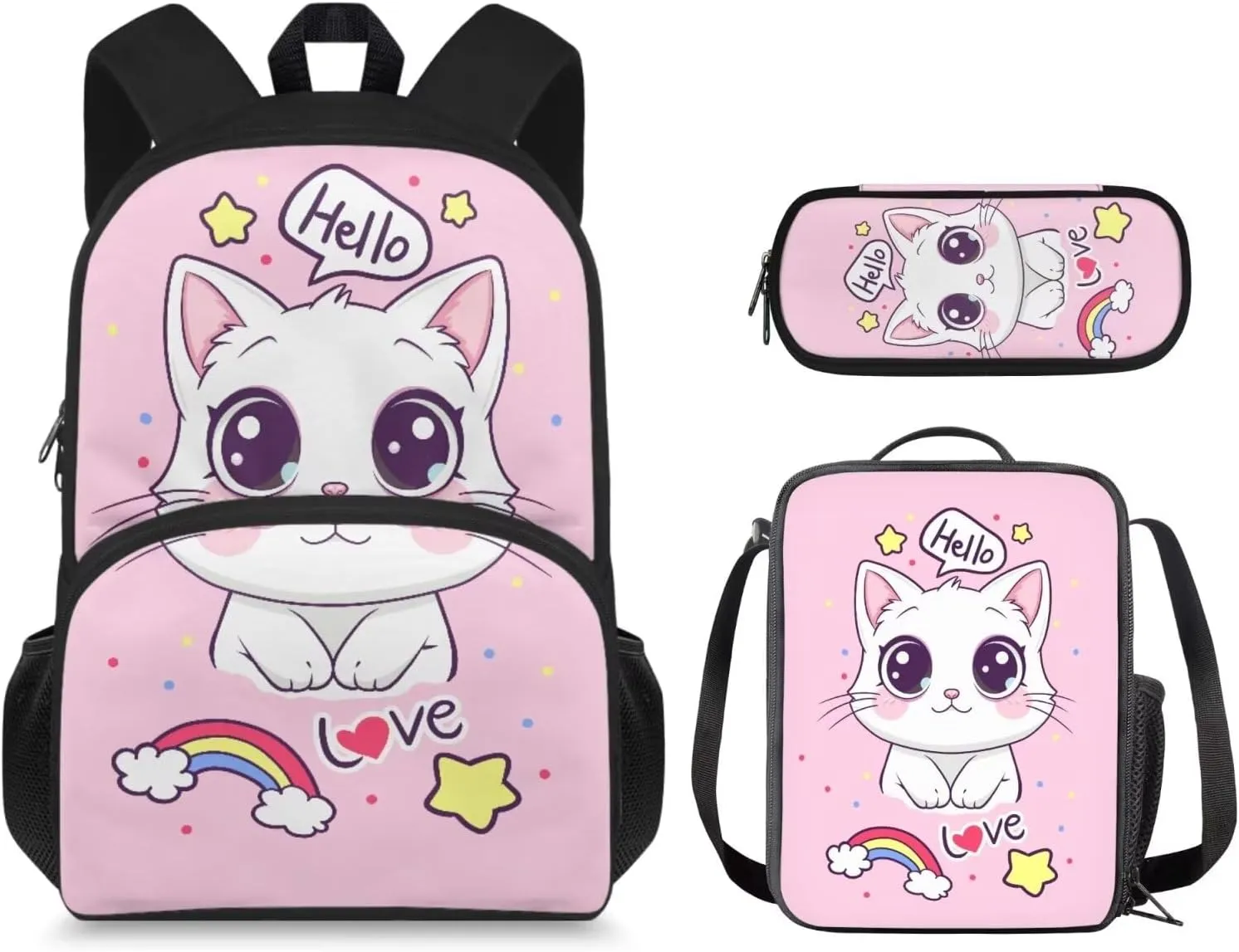 Cartoon Cat Backpack for Girls 8-10 Kids Backpack Boys with Lunchbox Boys Backpack with Pencil Case Elementary Wide Opening Design Bookbags Set Of 3 Fashion Rucksacks