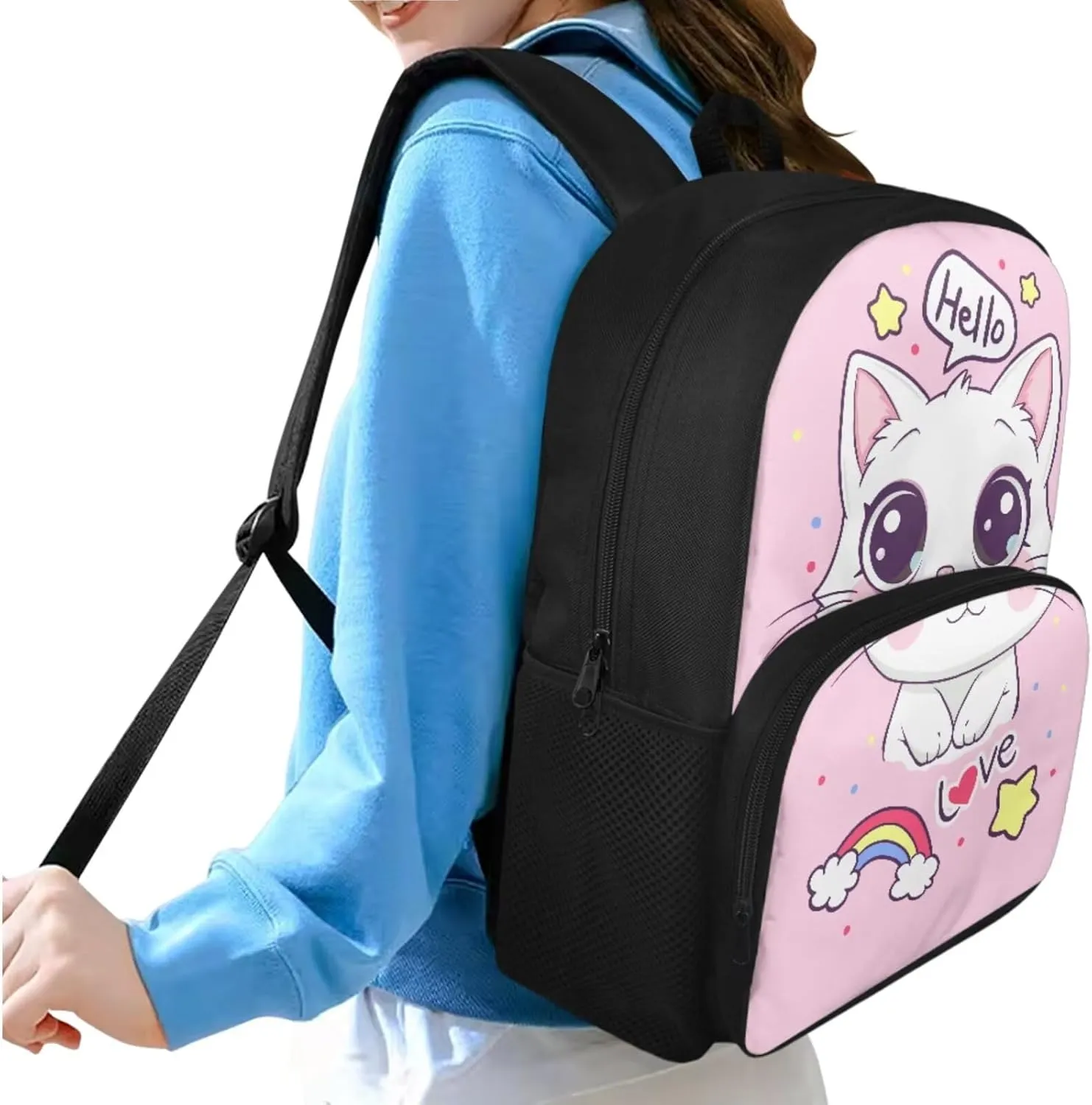 Cartoon Cat Backpack for Girls 8-10 Kids Backpack Boys with Lunchbox Boys Backpack with Pencil Case Elementary Wide Opening Design Bookbags Set Of 3 Fashion Rucksacks