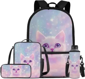 Cartoon Cat Backpack with Lunch Compartment for Girl 5th Grade Fashion Casual School Backpack for Girls 8-10 with Lunch Bag for Middle School High School