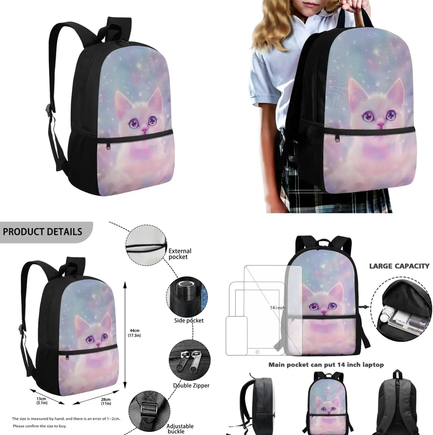Cartoon Cat Backpack with Lunch Compartment for Girl 5th Grade Fashion Casual School Backpack for Girls 8-10 with Lunch Bag for Middle School High School