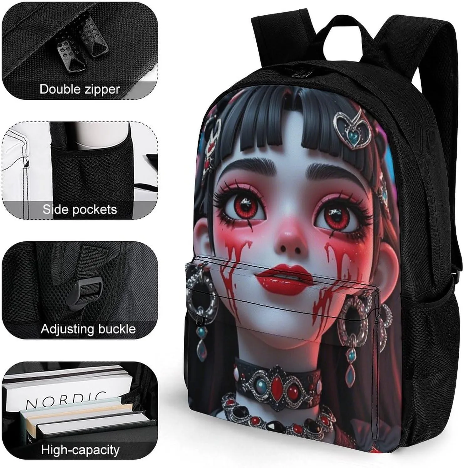 Cartoon Woman Women Mystical Art Rucksacks Lightweight Multipurpose Anti-Theft Shoulder Bag Big Capacity Traveling & Camping Backpack With Side Pockets
