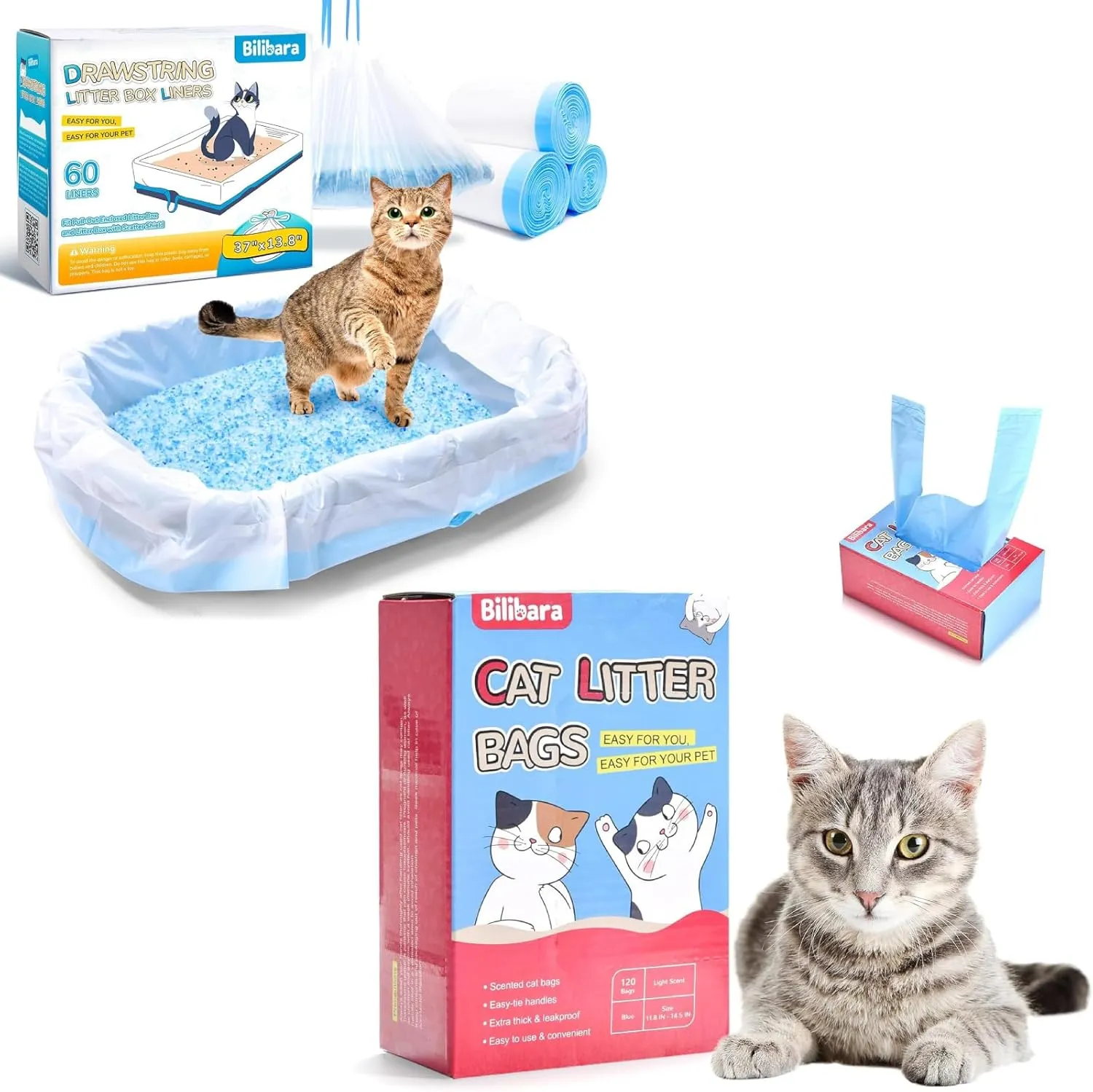 Cat Litter Bags & Litter Box Liners Bundle: 120 Scented 15L Ultra Thick Kitty Litter bags   60 37''x13.8'' Size Leak-Proof Drawstring Waste Bags, Compatible with Closed Cat Litter Boxes