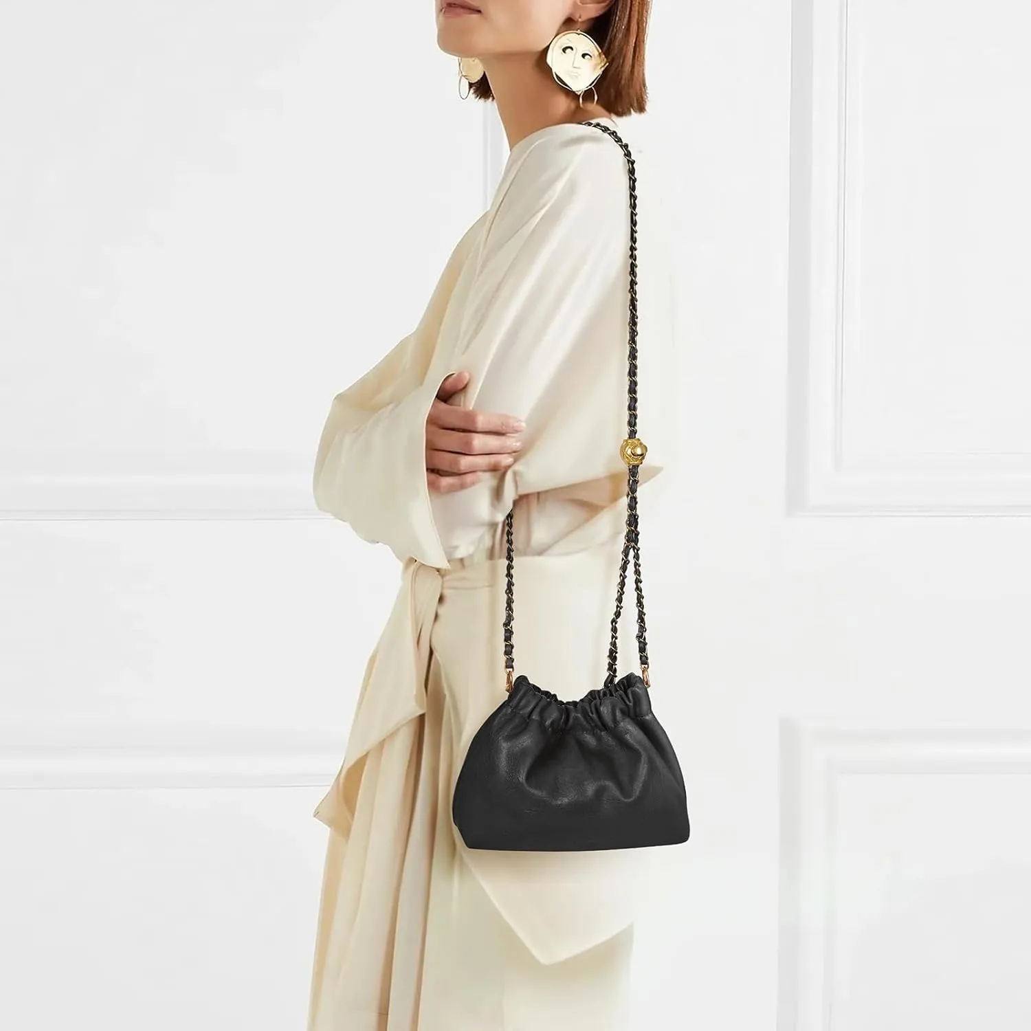 Chain Strap Genuine Leather Hobo Bag - Convertible Shoulder & Crossbody Purse