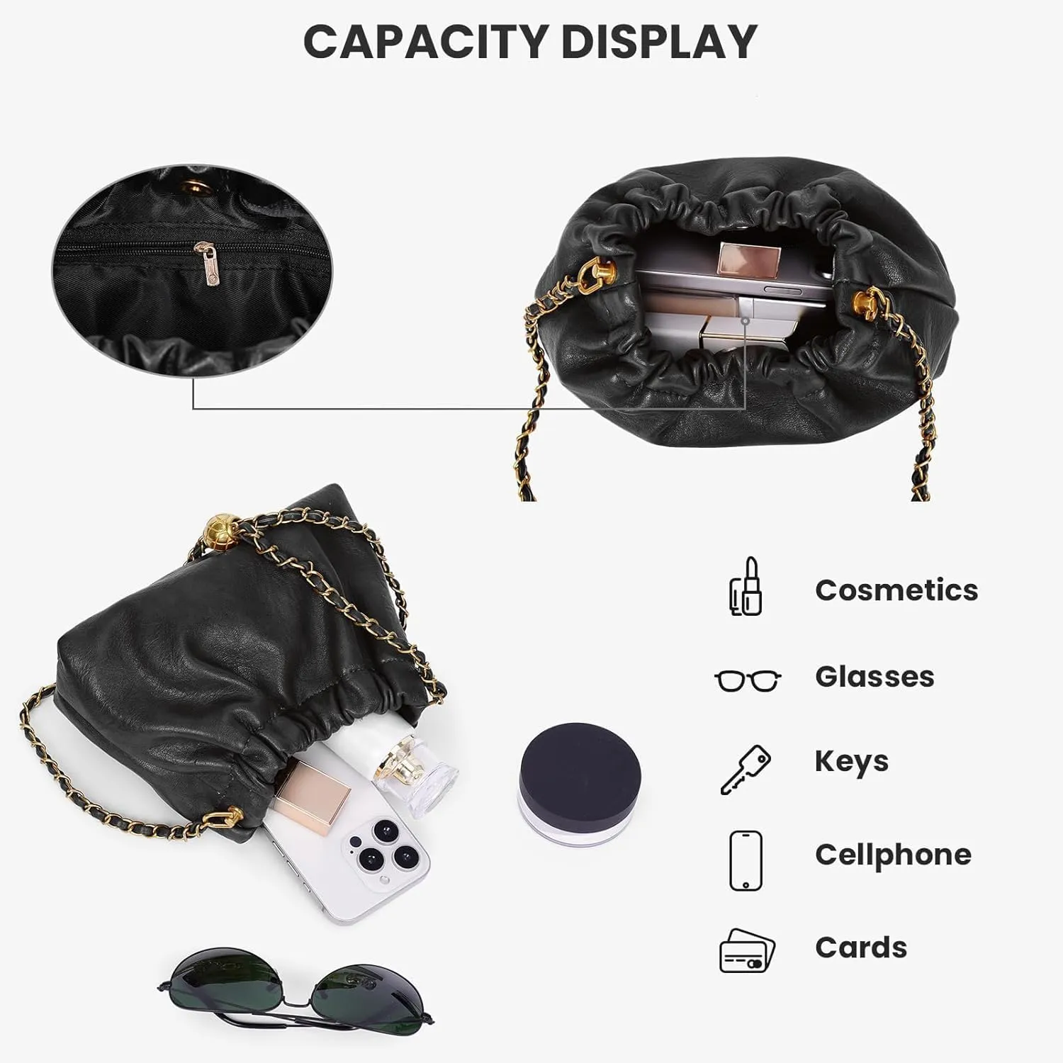 Chain Strap Genuine Leather Hobo Bag - Convertible Shoulder & Crossbody Purse