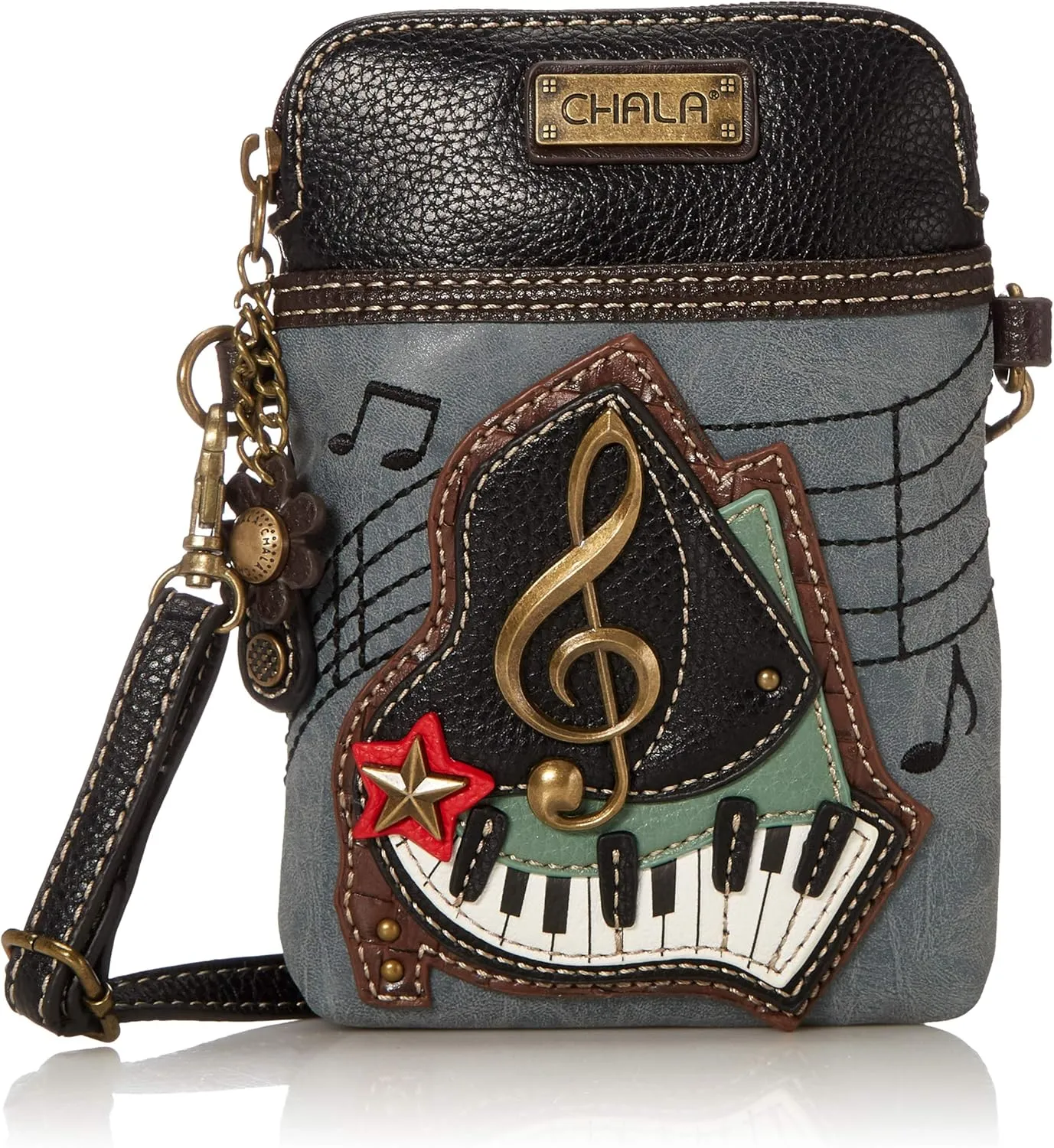 CHALA Group Piano Cellphone Crossbody Handbag - Convertible Strap, Indigo, 5" x 7.5" x 1" (Handbag   Metal Clef Key-fob)