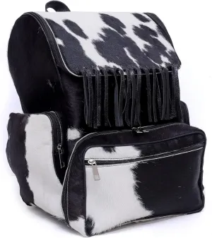 CHAYEL Cowhide Leather Animal Print Western Fringes Black and White Diaper Bag Backpack Casual Daypack Laptop Bag Travel Bag, Standard
