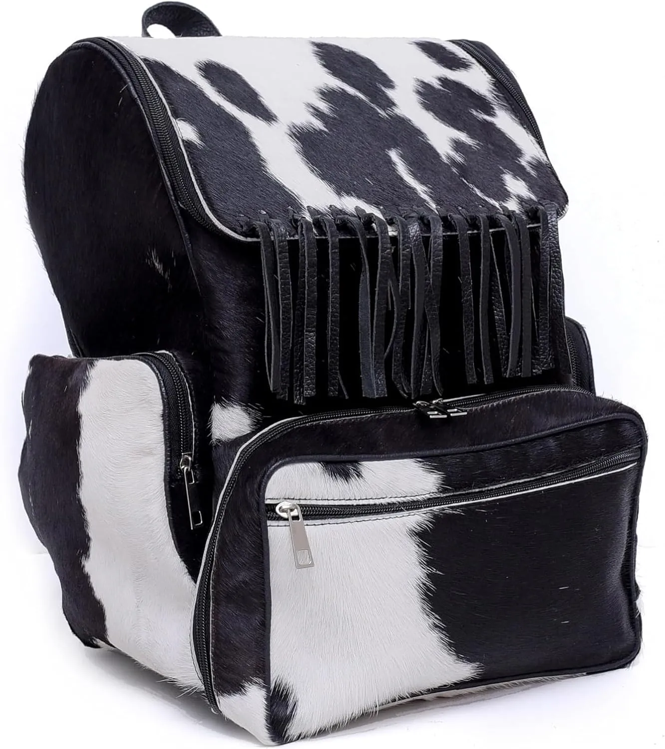 CHAYEL Cowhide Leather Animal Print Western Fringes Black and White Diaper Bag Backpack Casual Daypack Laptop Bag Travel Bag, Standard