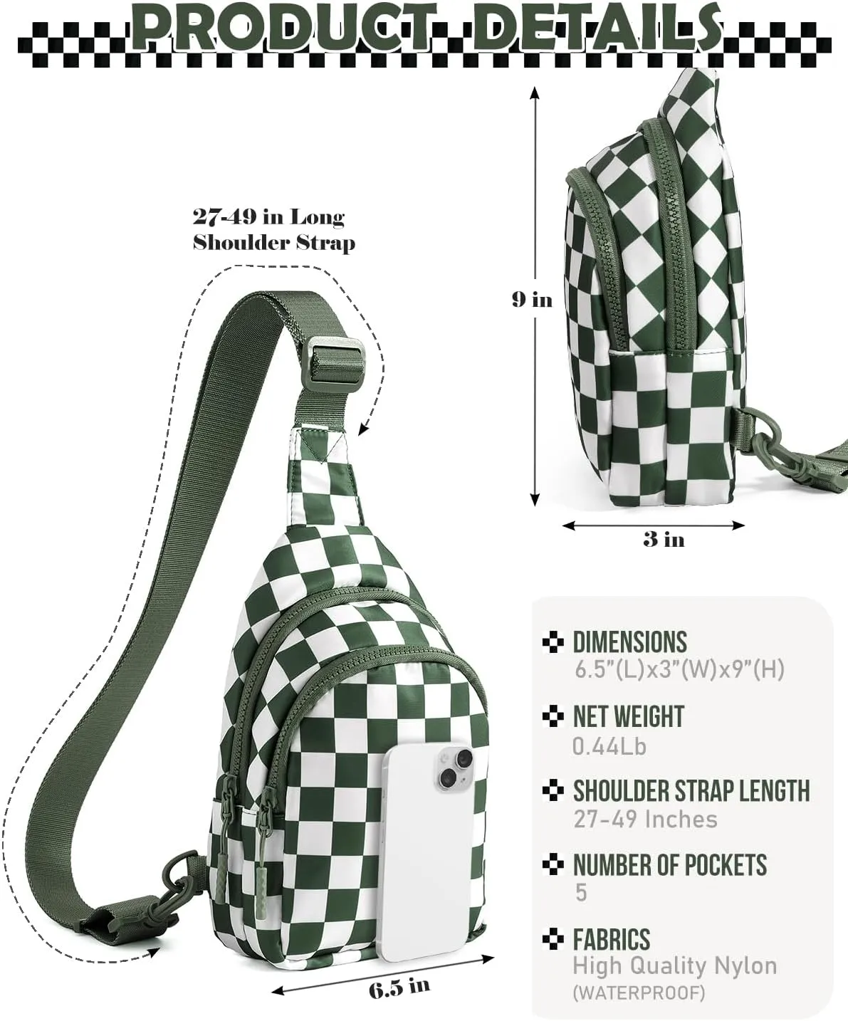 Checkered Sling Bag for Women Small Backpack Crossbody Chest Bag Fanny Packs Purses (Checkered Sling Bag - Bean Green)