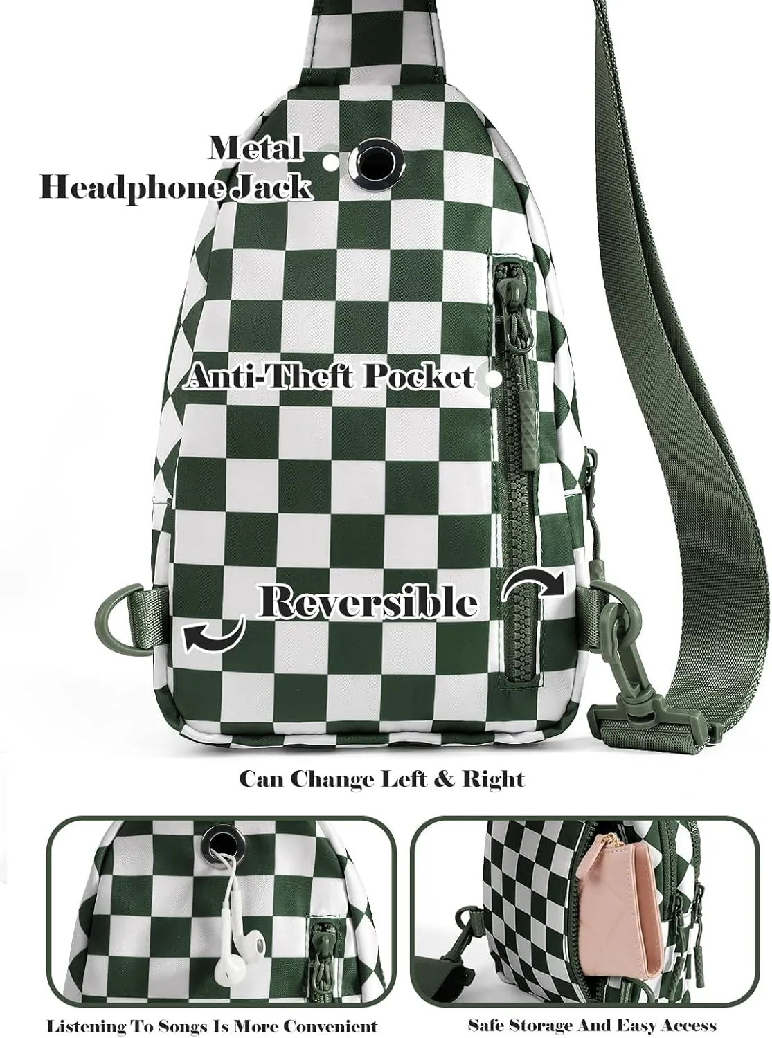 Checkered Sling Bag for Women Small Backpack Crossbody Chest Bag Fanny Packs Purses (Checkered Sling Bag - Bean Green)