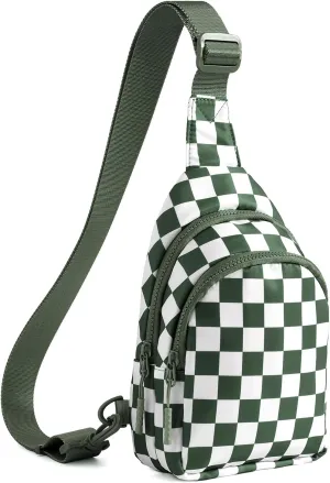 Checkered Sling Bag for Women Small Backpack Crossbody Chest Bag Fanny Packs Purses (Checkered Sling Bag - Bean Green)
