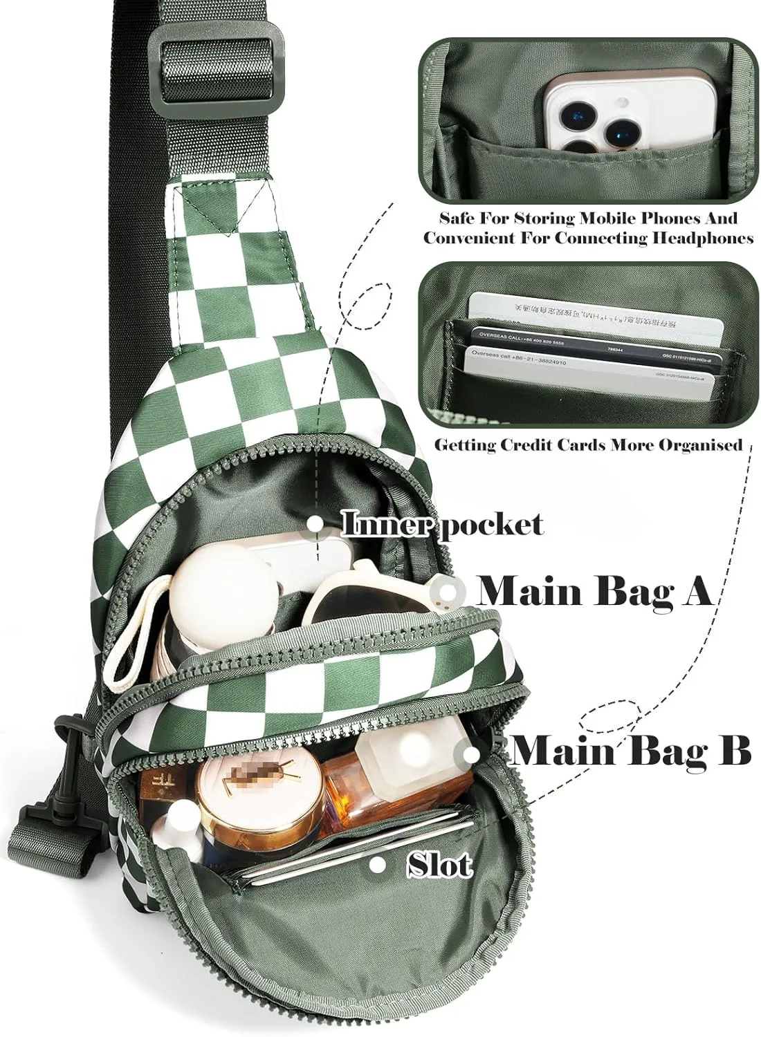 Checkered Sling Bag for Women Small Backpack Crossbody Chest Bag Fanny Packs Purses (Checkered Sling Bag - Bean Green)