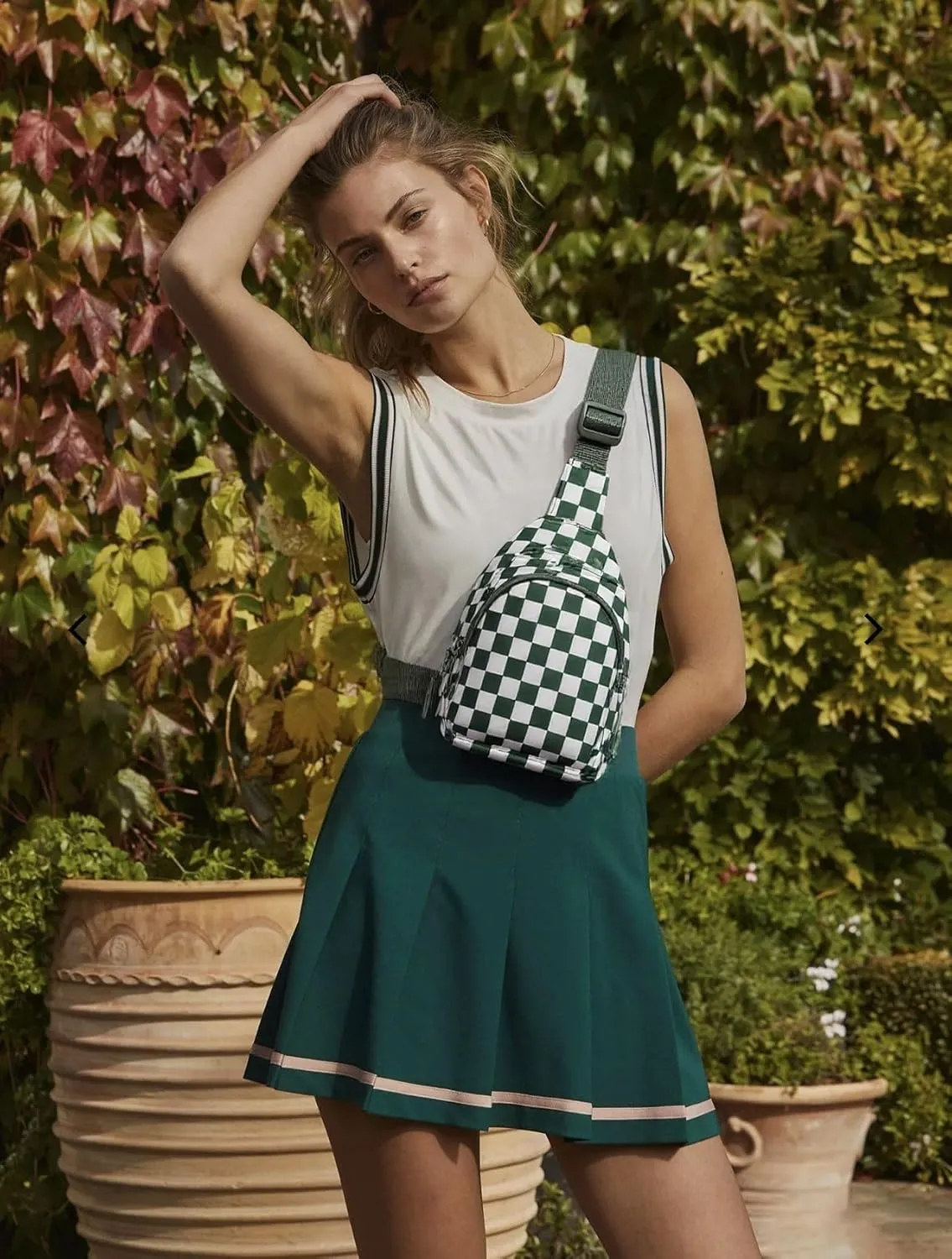 Checkered Sling Bag for Women Small Backpack Crossbody Chest Bag Fanny Packs Purses (Checkered Sling Bag - Bean Green)