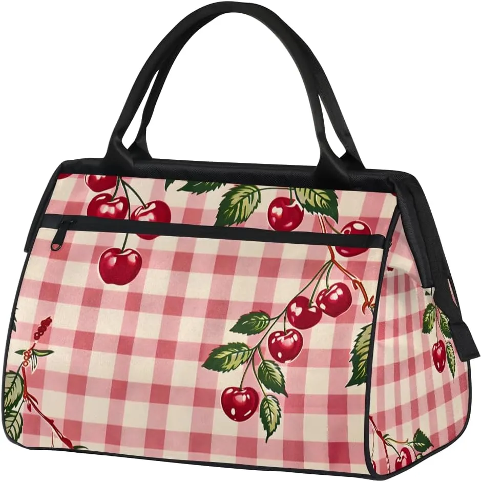 Cherry Checkered Red Weekender Overnight Bag for Women Waterproof Carry On Travel Duffle Bags with Pocket Lightweight Sports Gym Tote Bag Large Luggage Workout Personal Item Hospital Bags