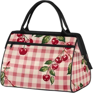 Cherry Checkered Red Weekender Overnight Bag for Women Waterproof Carry On Travel Duffle Bags with Pocket Lightweight Sports Gym Tote Bag Large Luggage Workout Personal Item Hospital Bags