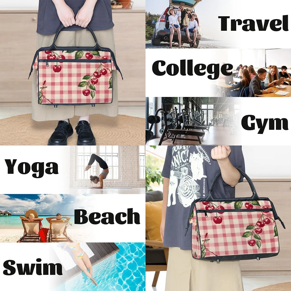 Cherry Checkered Red Weekender Overnight Bag for Women Waterproof Carry On Travel Duffle Bags with Pocket Lightweight Sports Gym Tote Bag Large Luggage Workout Personal Item Hospital Bags