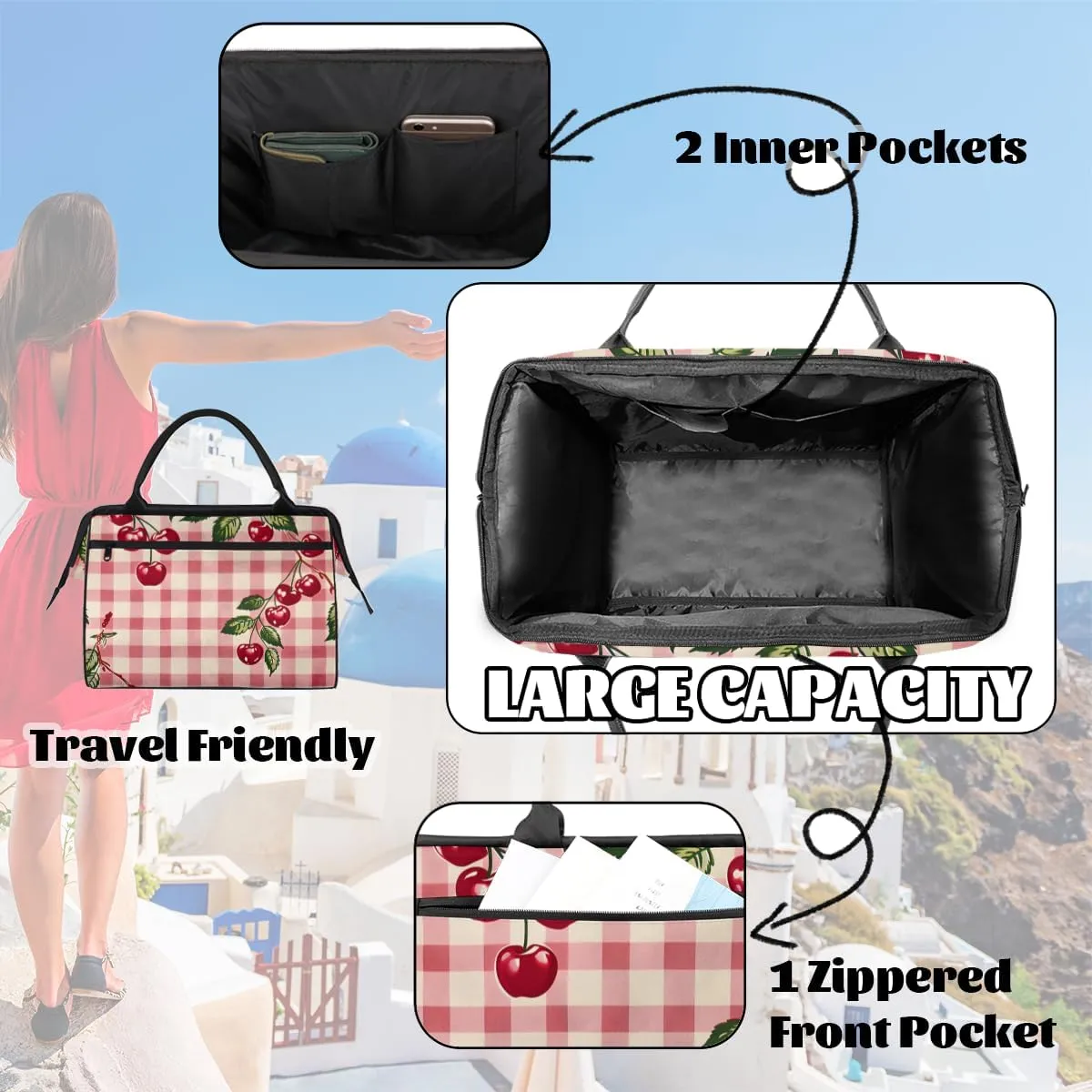 Cherry Checkered Red Weekender Overnight Bag for Women Waterproof Carry On Travel Duffle Bags with Pocket Lightweight Sports Gym Tote Bag Large Luggage Workout Personal Item Hospital Bags