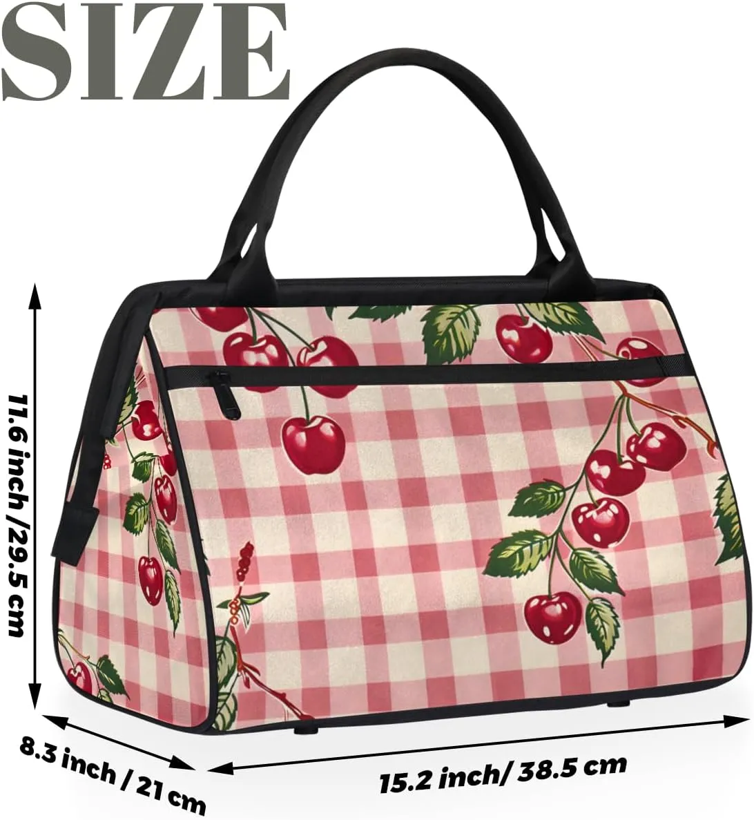 Cherry Checkered Red Weekender Overnight Bag for Women Waterproof Carry On Travel Duffle Bags with Pocket Lightweight Sports Gym Tote Bag Large Luggage Workout Personal Item Hospital Bags