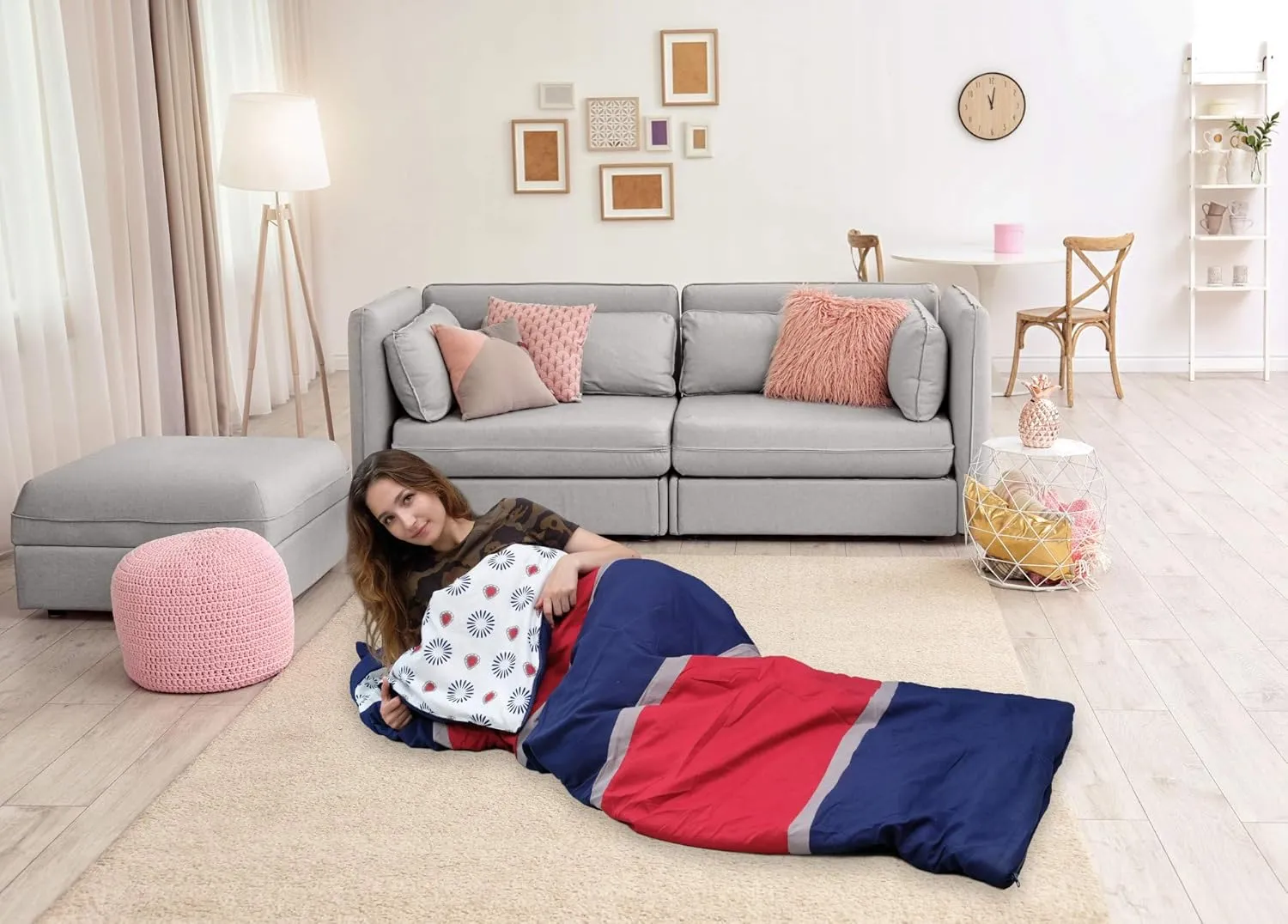 Chic Home Hayes Sleeping Bag with Cat Ear Hood Two Tone Design with Geometric Pattern Print Interior for KidsTeens & Young Adults Zipper Closure, Twin X-Long, Navy/RED