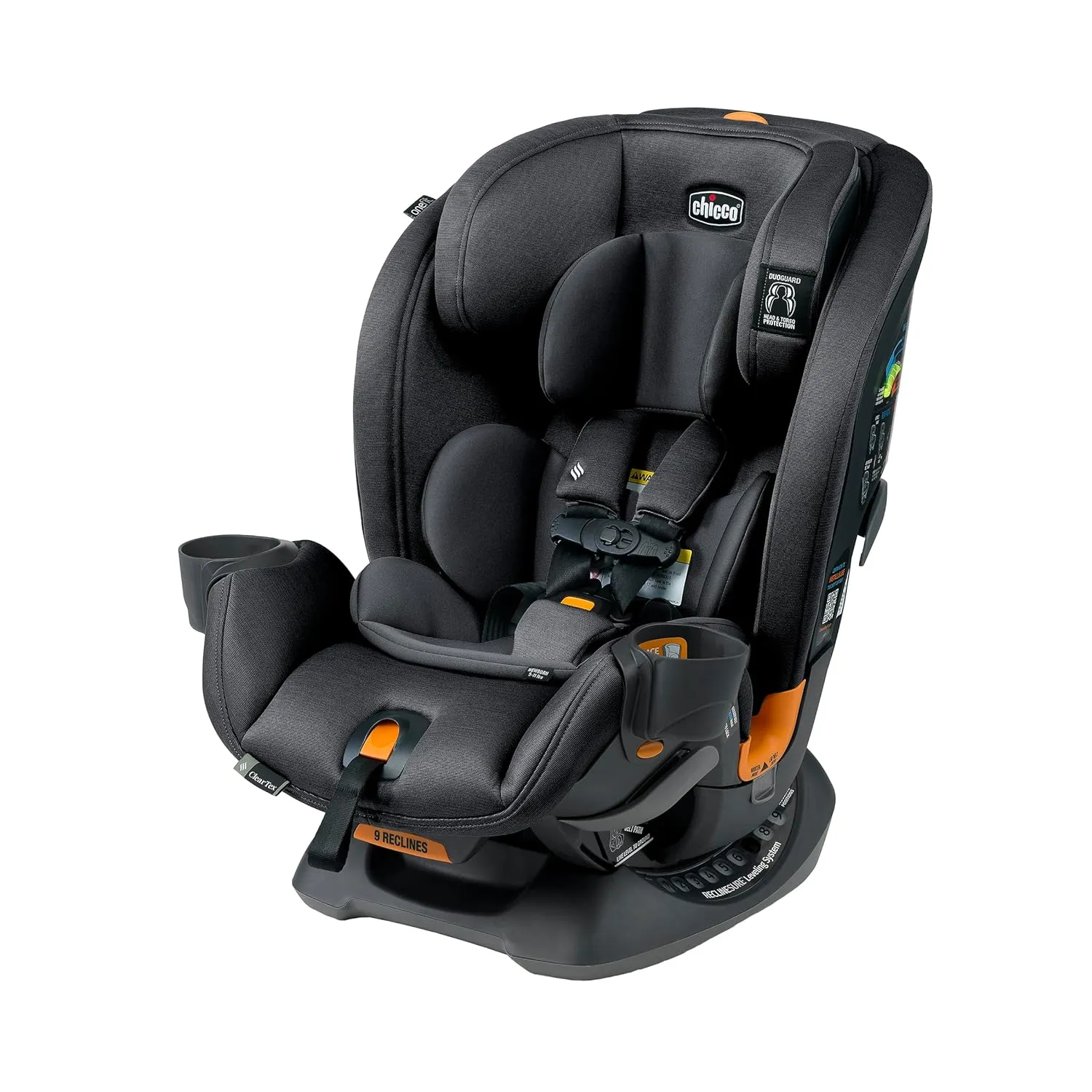 Chicco OneFit ClearTex All-in-One Car Seat, Slim Design, Rear-Facing Seat for Infants 5- 40 lbs., Forward-Facing 25-65 lbs., Booster 40-100 lbs., Convertible Car Seat | Obsidian/Black