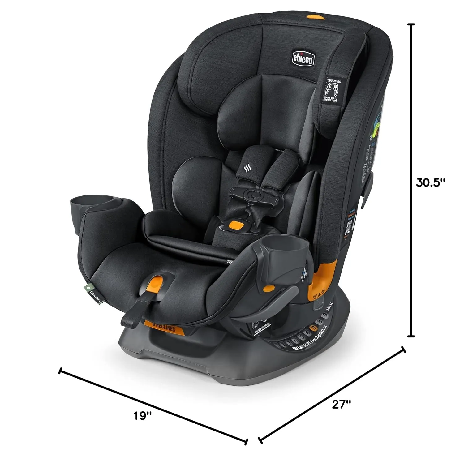 Chicco OneFit ClearTex All-in-One Car Seat, Slim Design, Rear-Facing Seat for Infants 5- 40 lbs., Forward-Facing 25-65 lbs., Booster 40-100 lbs., Convertible Car Seat | Obsidian/Black