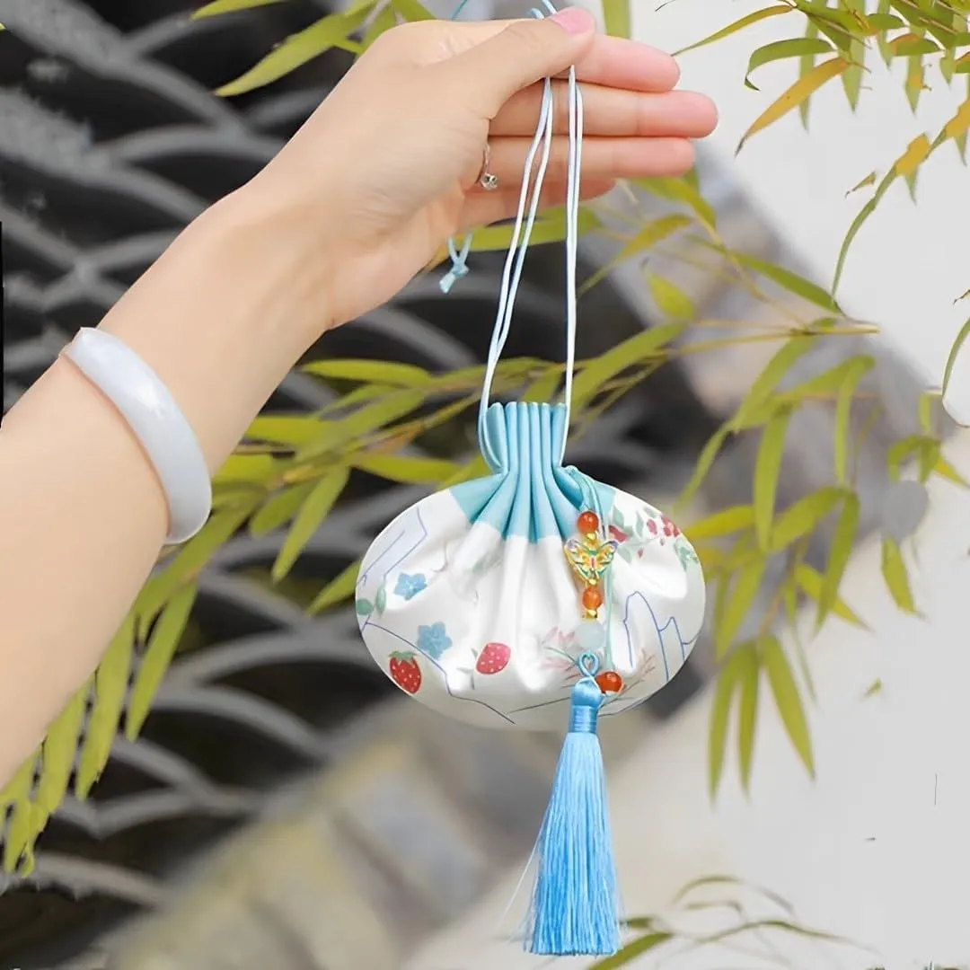 Chinese Hanfu Silk Pouch - Mini Coin Purse, Drawstring Bag, Jewelry & Gift Bag (Blue)