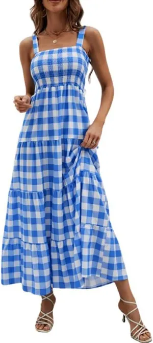 chouyatou Women's Summer Casual Plaid Smocked Dress Spaghetti Strap Tiered Flowy Maxi Dress