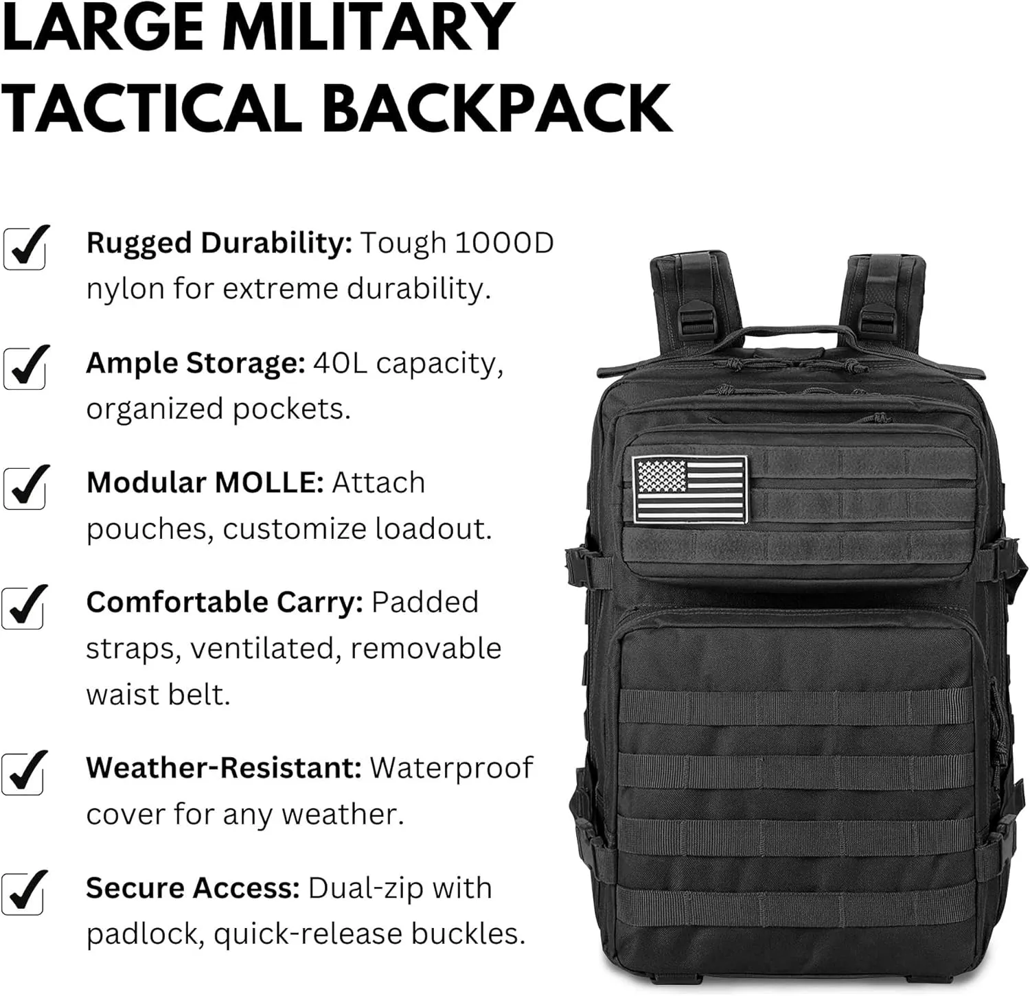 Ciana Large Military Tactical Backpack Bug Out Bag Rucksack for Men Large Capacity Rucksacks Army Outdoor Assault Pack Go Bag for Hunting (Black)