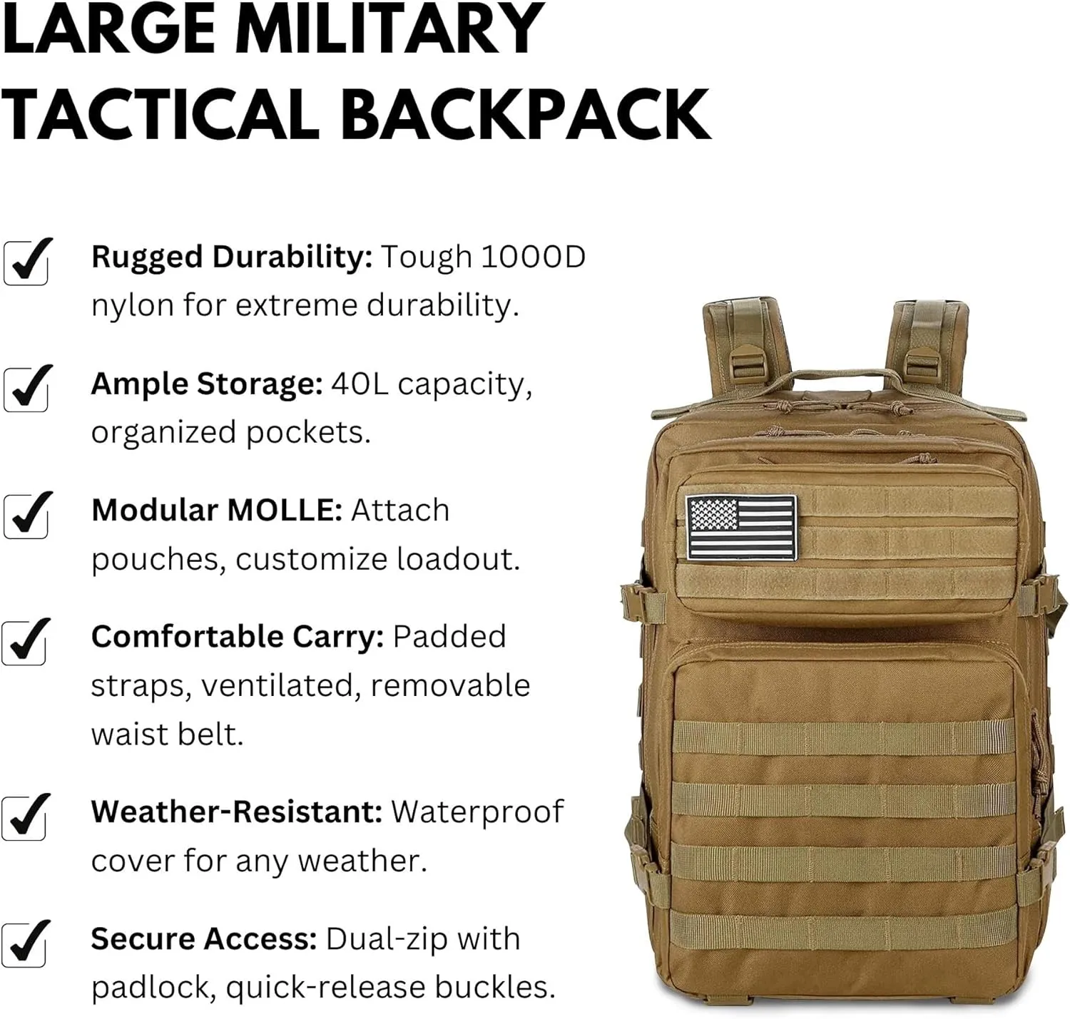 Ciana Large Military Tactical Backpack Bug Out Bag Rucksack for Men Large Capacity Rucksacks Army Outdoor Assault Pack Go Bag for Hunting (Brown)