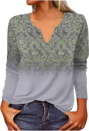 Classic Oversized School Tops for Women Three Quarter Sleeve Summer Floral Softest Tee Thin V Neck Relaxed