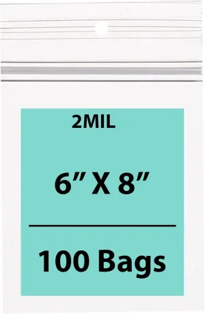 Clear Plastic Polypropylene Zip Bags - 6 x 8 & (100 Bags) 2 Mil Hang Hole for Display, Durable Poly Baggies with Resealable Zip Top Lock