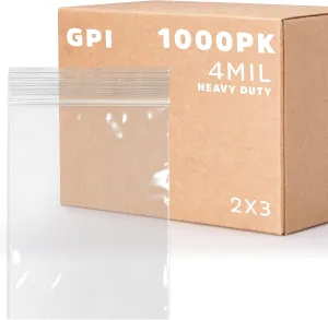 Clear Plastic Reusable Zip Bags - Bulk GPI Case of 1000 2" X 3" 4 Mil Thick Heavy Duty, Strong & Durable Poly Baggies with Resealable Zip Top Lock for Travel, Storage, Packaging & Shipping.